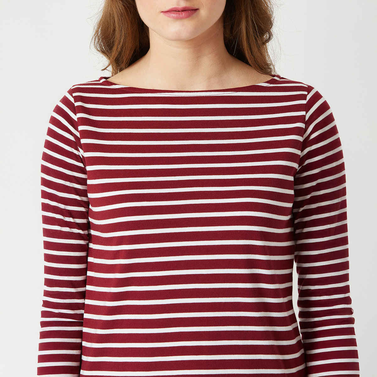 Miss Chase Women Boat Neck 3/4 Sleeve Cotton Striped Top | Maroon & White | L