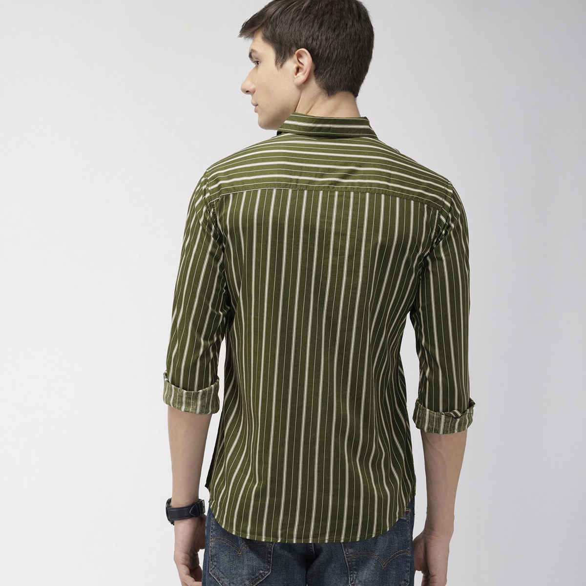 The Indian Garage Co Men's Slim Fit Multi Stripes Casual Shirt | Olive - XL