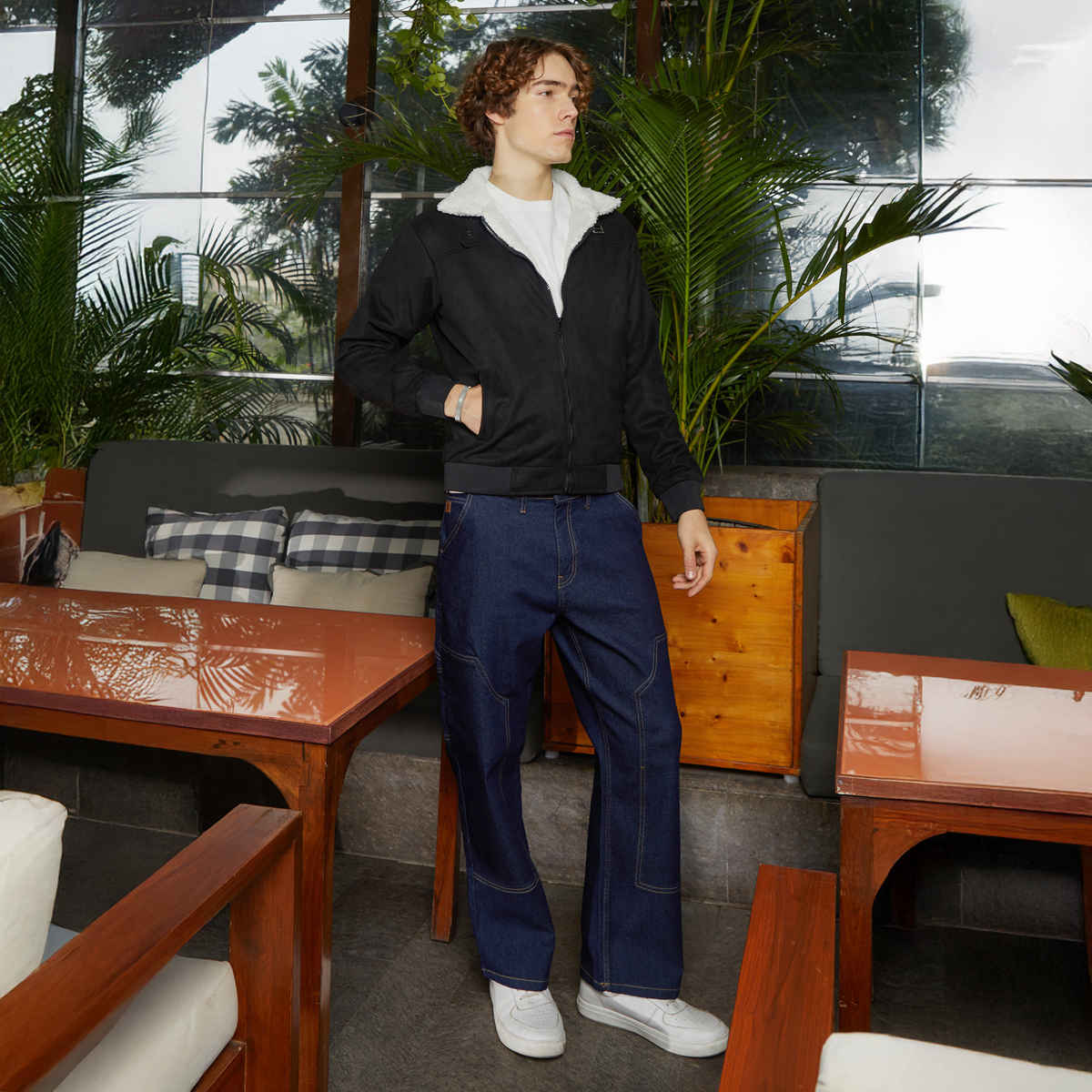 Campus Sutra Men's Fleece-Lined Bomber Jacket | Raven Black & Chalk White - S