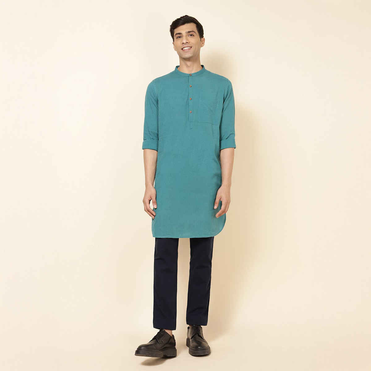 Fabindia Men's Long Kurta Cotton Blend Slim Fit | Teal - S