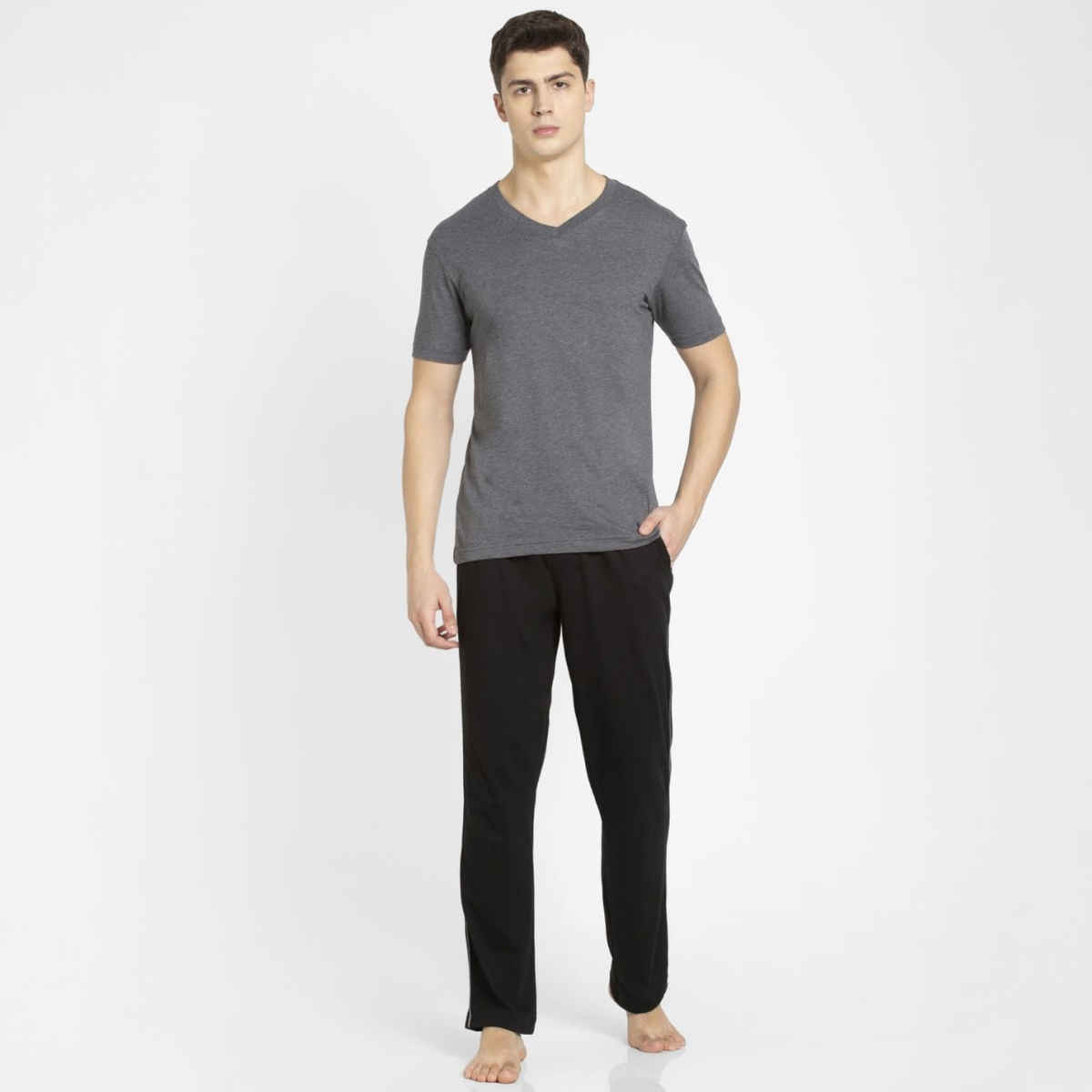 Jockey 9500 Men's Super Combed Cotton Rich Trackpants|Regular Fit|Side Pockets | Black/Grey Mel-L