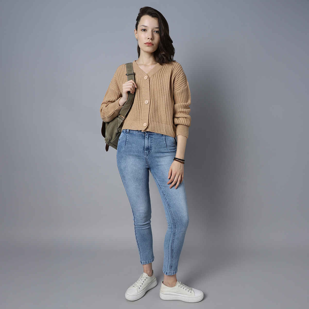 High Star Women's Ribbed V-Neck Long Sleeves Acrylic Cardigan Sweater | Sand - L