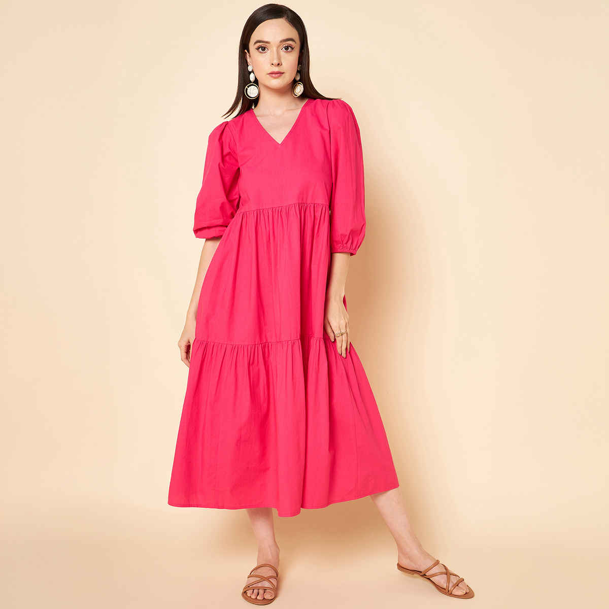 High Star Women Pink V-Neck Puff Sleeve Fit & Flare Midi Dress (Size-XL)