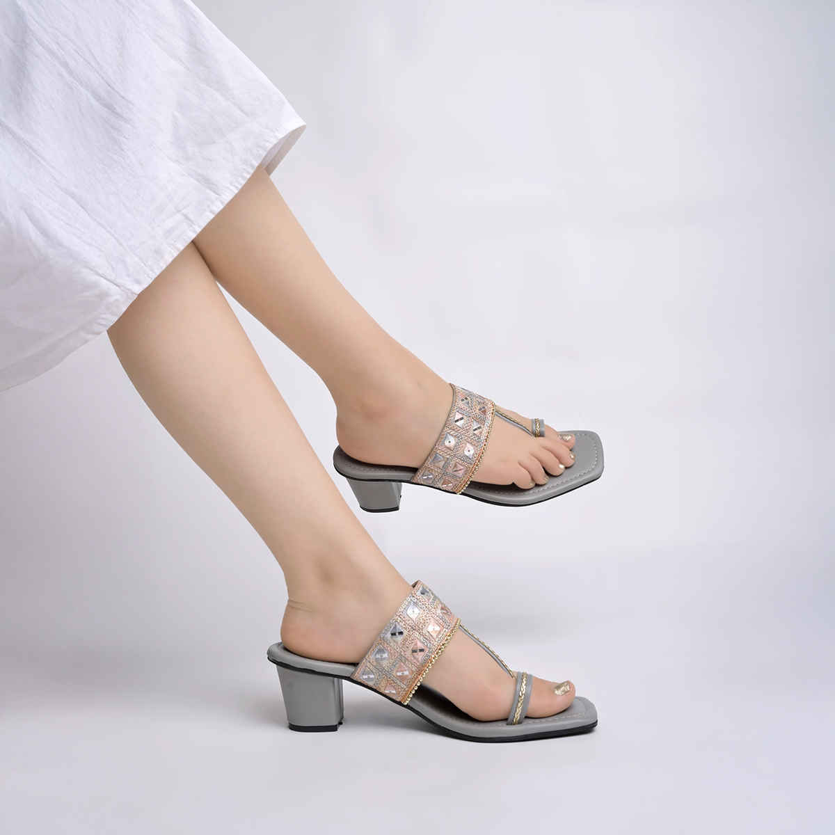 Shoetopia Classic Grey Kolhapuri Heels For Women | UK 6