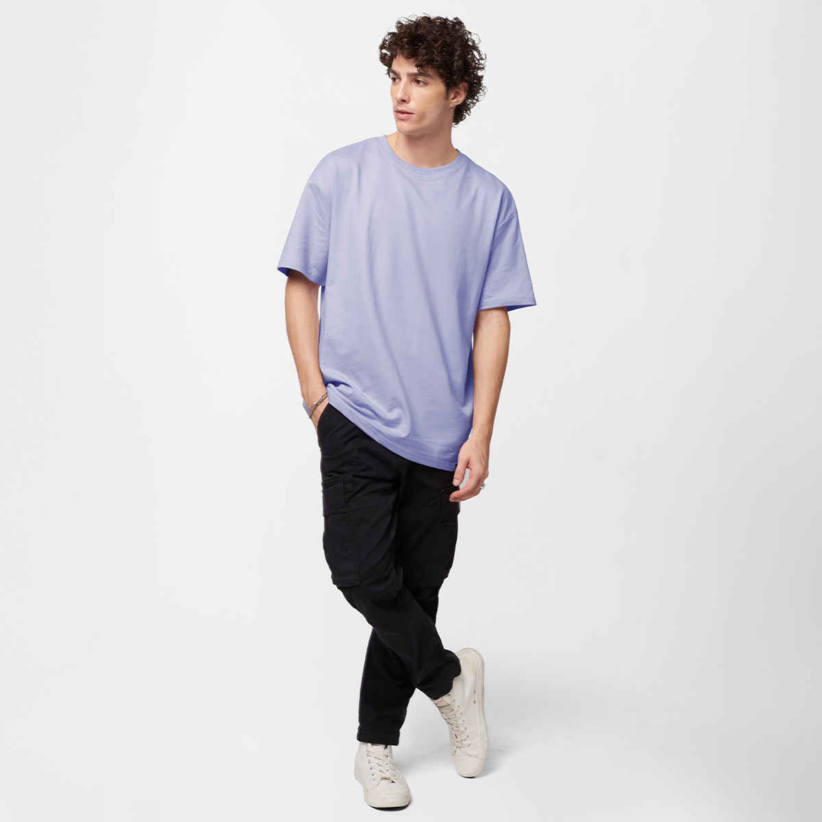 The Souled Store Men's Solids Light Lavender Oversized T-shirt | Purple - S