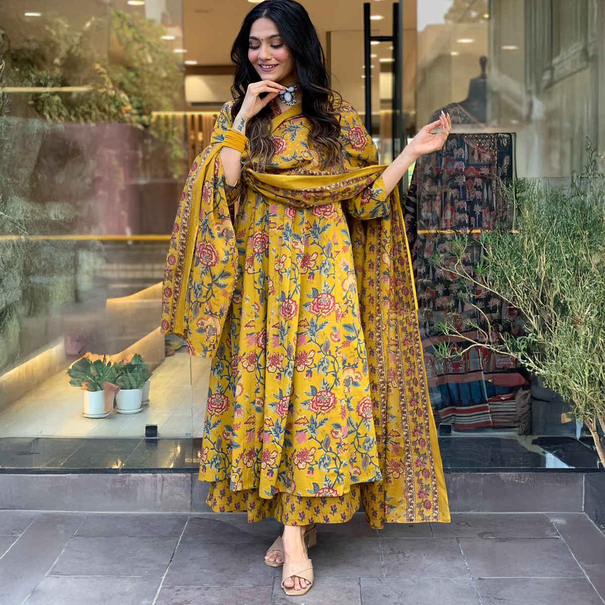 GoSriKi Women's Rayon Blend Anarkali Printed Kurta with Palazzo & Dupatta | CIA | Yellow - M