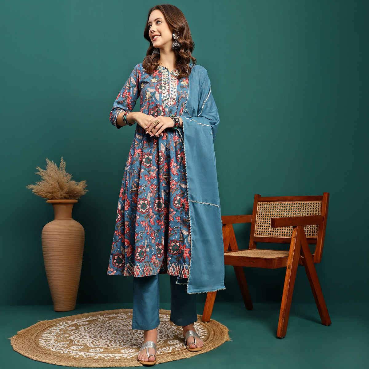 Bandia Women's Floral Gota Patti Anarkali Kurta Trouser Set with Dupatta | BANKS0211 | Indigo | M