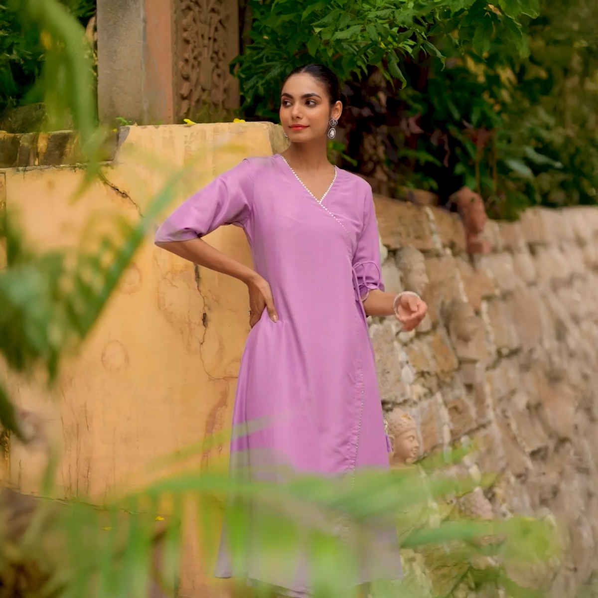 Janasya Women's Lavender Silk Blend Solid Wrap Kurta Set | M