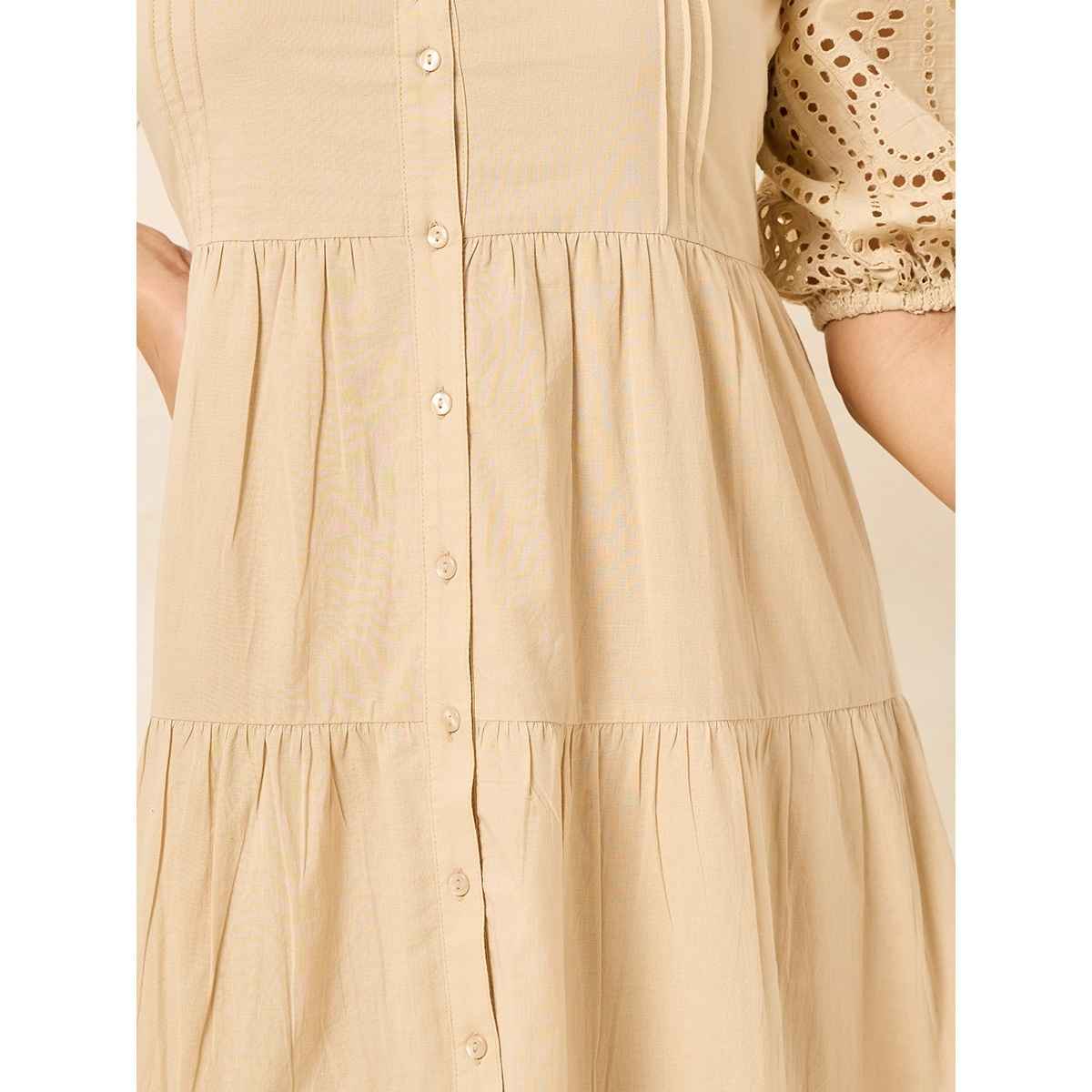 Styli Women's Tiered Midi Dress with A-Line Fit and Puff Sleeves | Beige - S