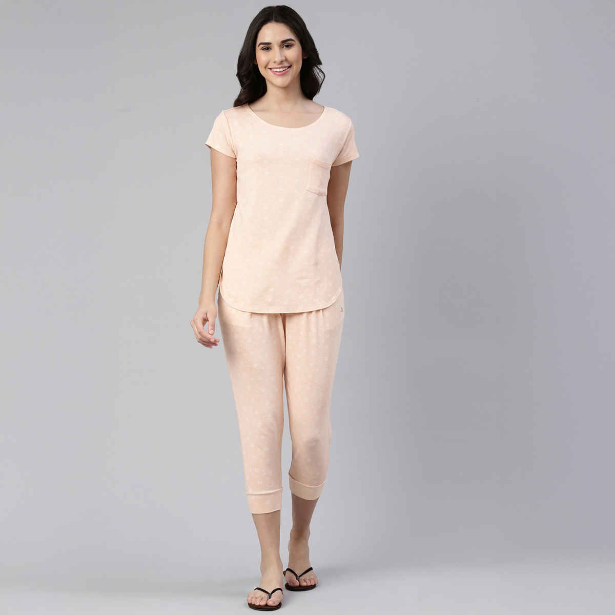 Enamor Essentials EC16 Women s Aop-Soft & Drapey All Over Printed Lounge Capri Set | Pink | 2XL