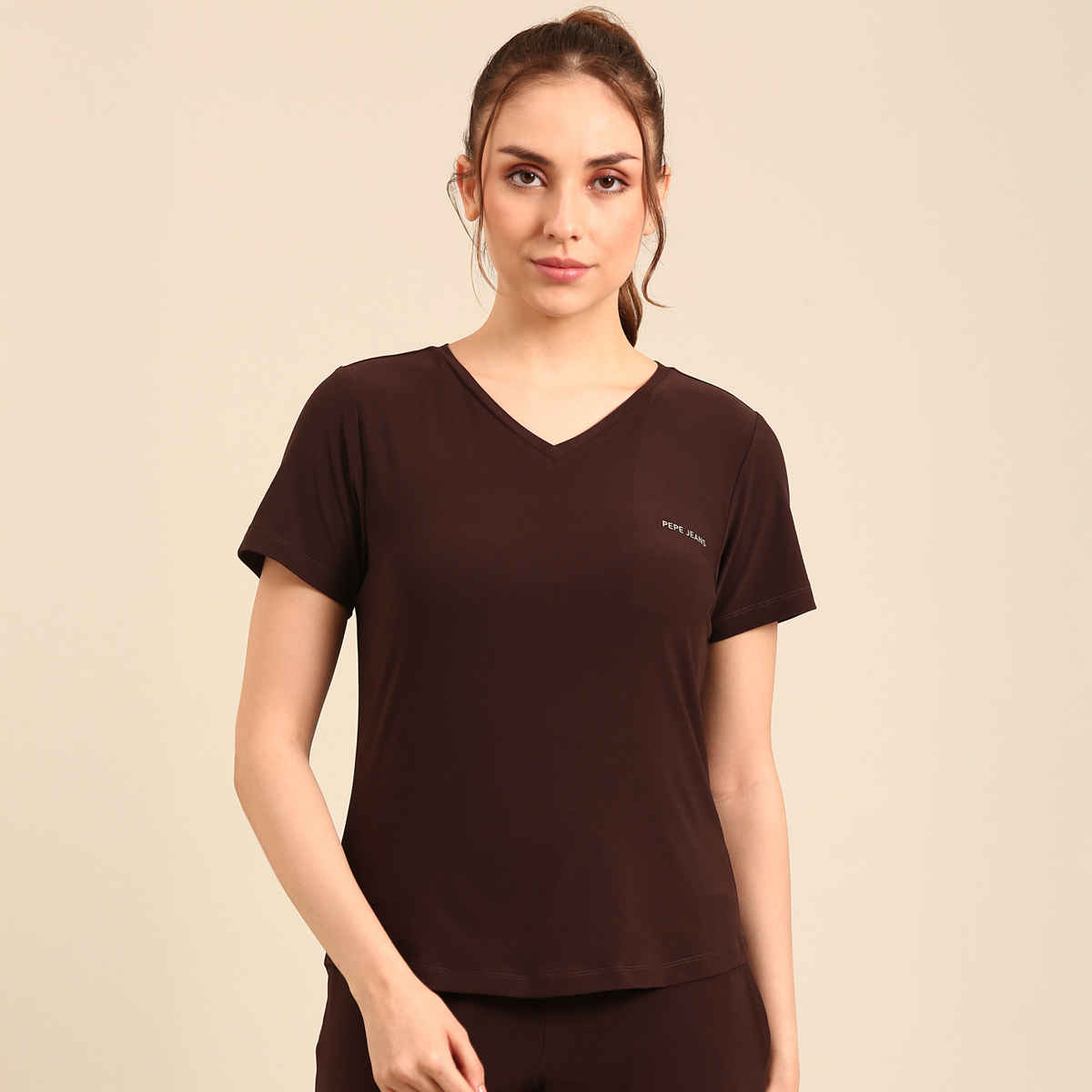 Pepe Jeans Womens Brown Dry Fit Women T-Shirt - Pack of 1 (S) Comfort Fit, Soft Fabric, Breathable
