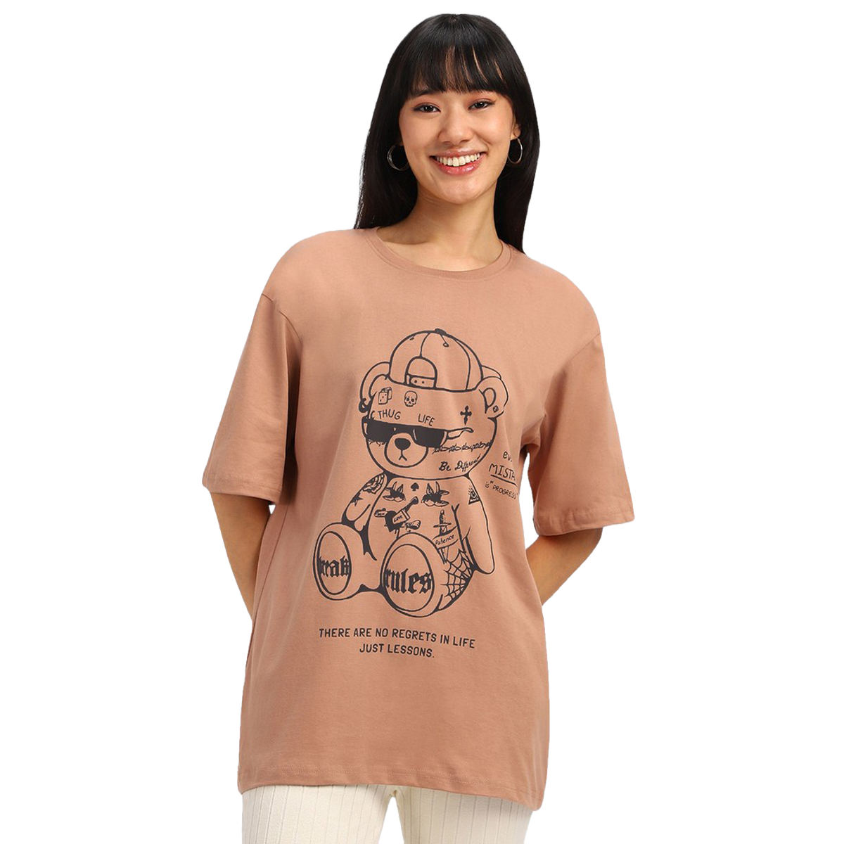 Juneberry Beige Print Graphic Oversized fit Tshirt for Women - XL