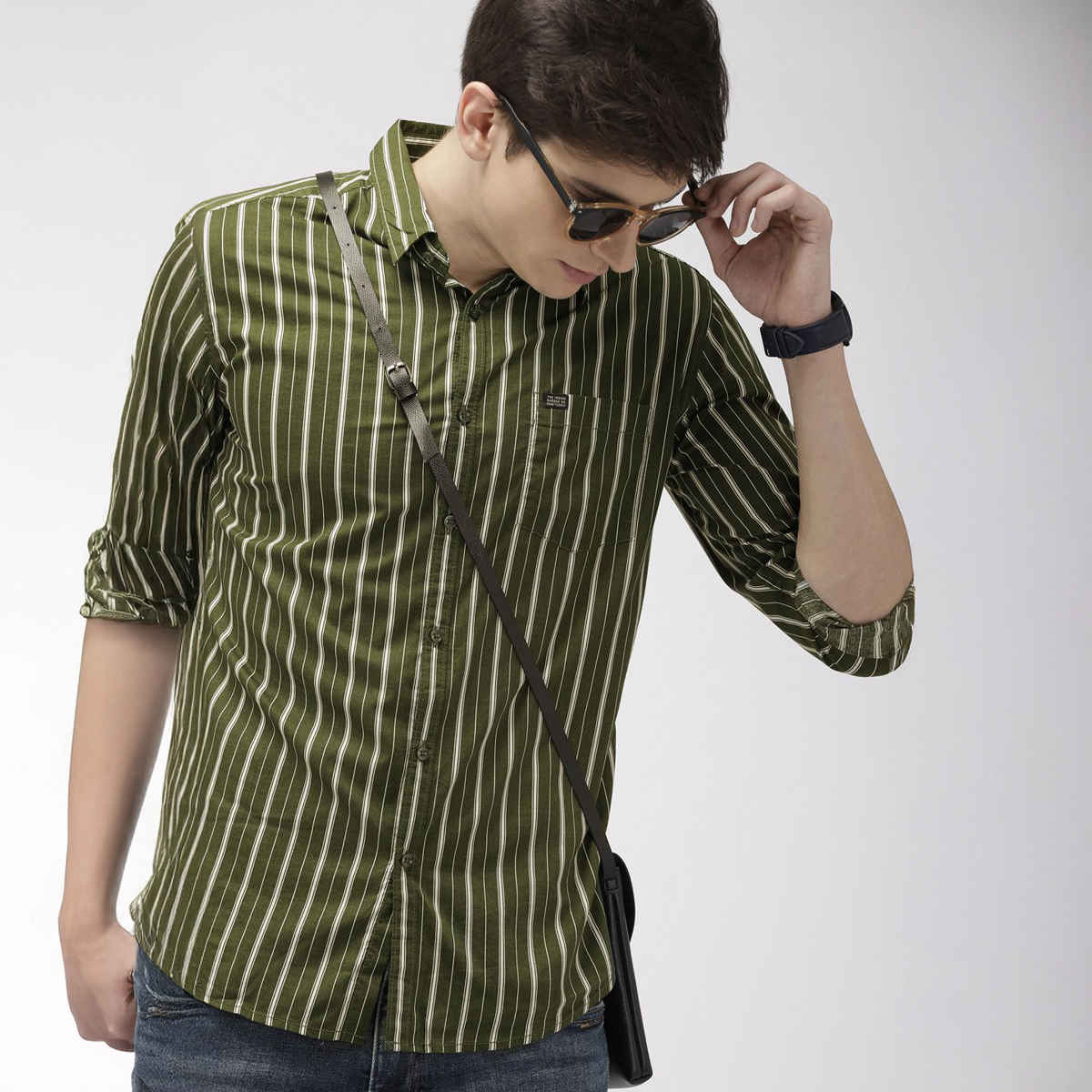 The Indian Garage Co Men's Slim Fit Multi Stripes Casual Shirt | Olive - S