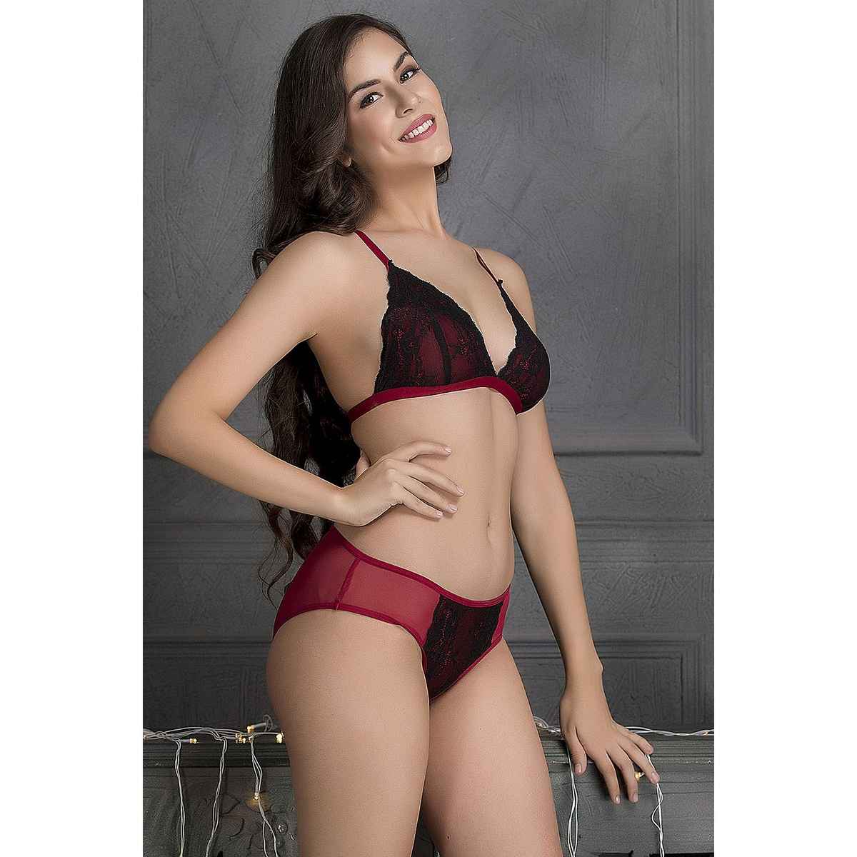 Clovia Non-Padded Non-Wired Demi Cup Plunge Bra & Low Waist Bikini Panty | BP1477P04 - Red - 32C