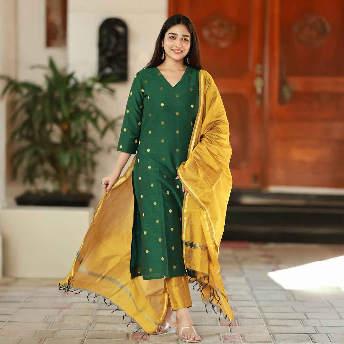 GoSriKi Women's Rayon Blend Straight Polka-Dot Kurta with Pant & Dupatta | SDF | Green - L