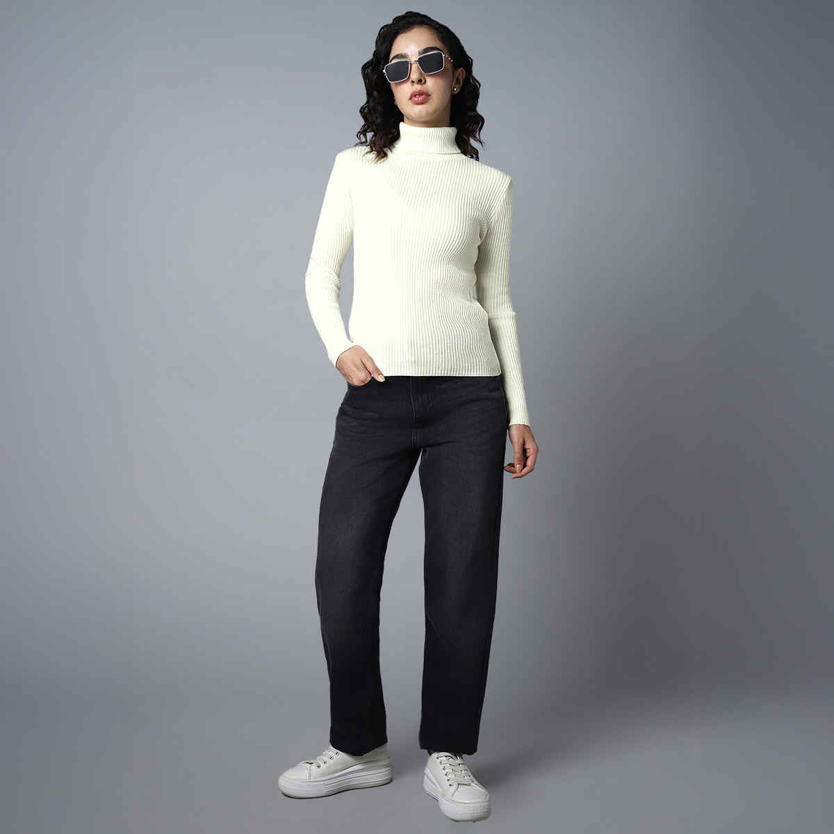 High Star Women's Ribbed Turtle Neck Long Sleeves Acrylic Pullover Sweater | White - XL