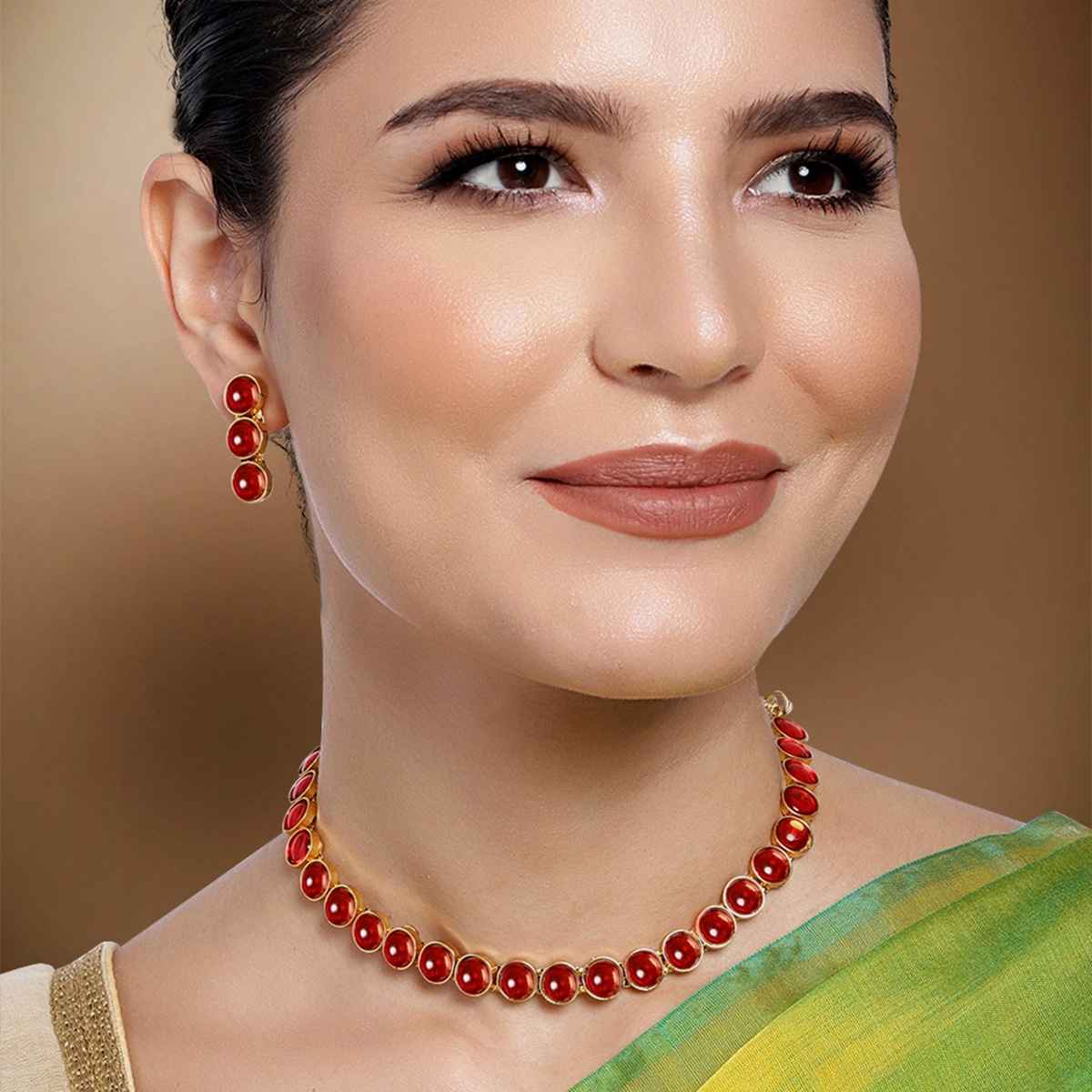 Peora Gold Plated Red Choker Necklace with Drop Earrings Traditional Jewellery Set for Women