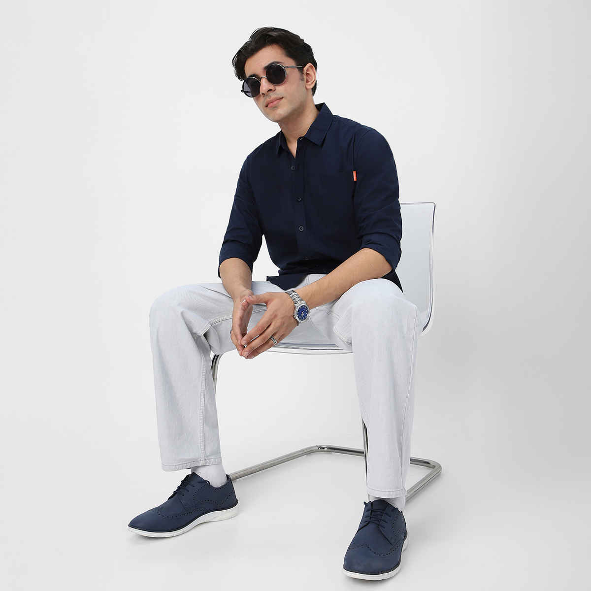 Urbano Fashion Men's Navy Cotton Full Sleeve Regular Fit Casual Solid Shirt-L