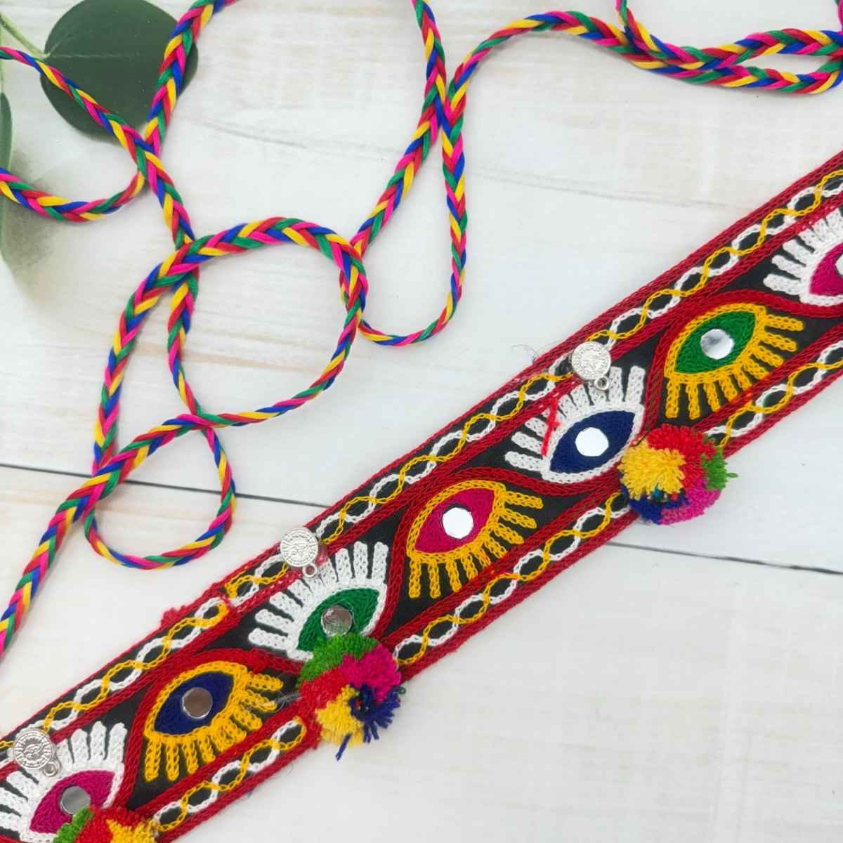 The Opal Factory | Fabric Jewelry | Embroidered Pom Pom Kamarbandh | Multicolor