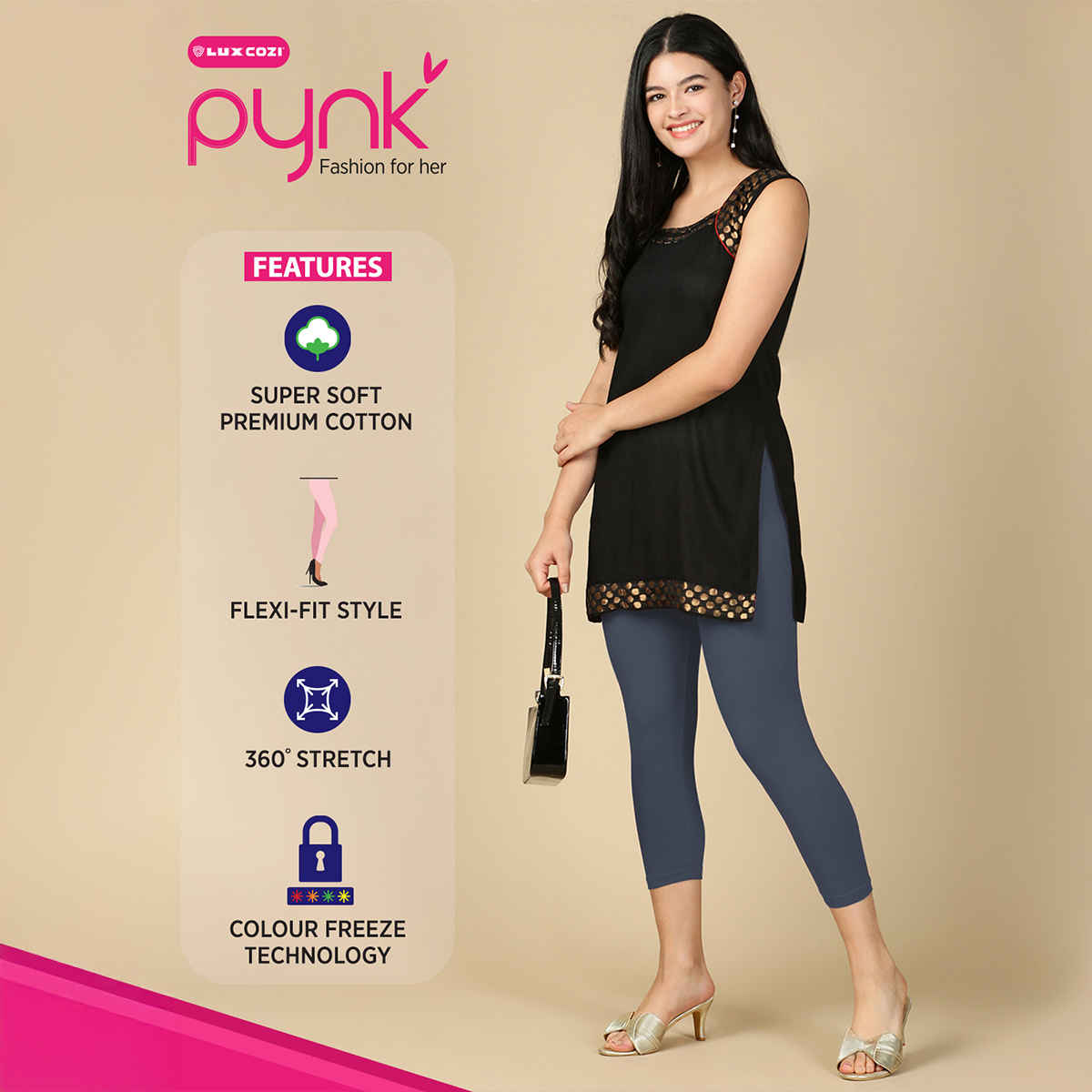 PYNK By Lux Cozi Super Soft 360 Stretch Premium Cotton Capri | Grey | Free Size