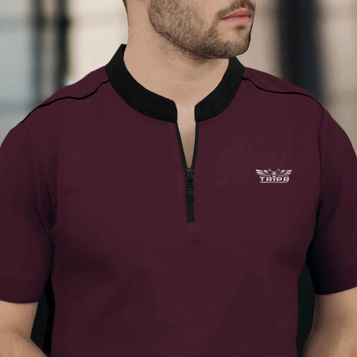 TRIPR Men Cotton Blend Mandarin Collar T-shirt | Maroon and Black - S