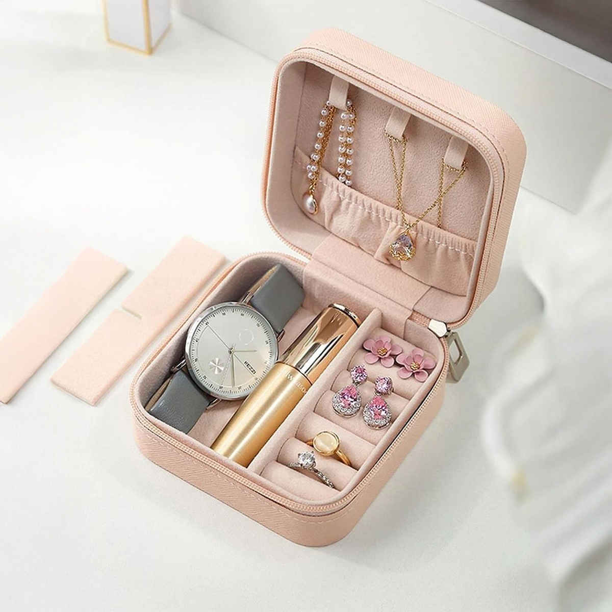 YouBella Jewellery Organiser PU Leather Zipper Portable Storage Box Case (Style 1) - Pink