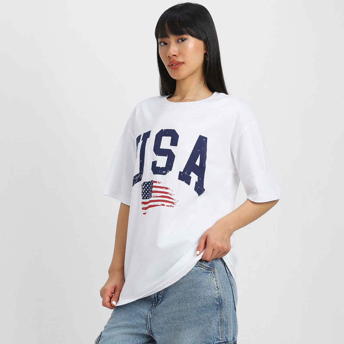 Juneberry White Print Graphic Oversized fit Tshirt for Women - M