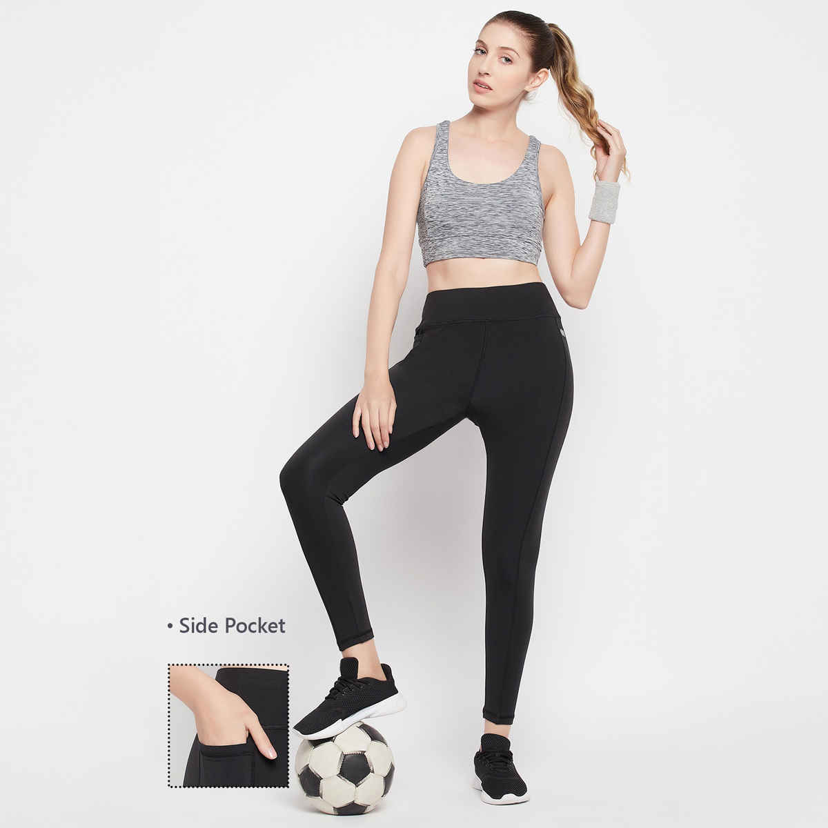 Clovia High-Rise Active Tights With Side Pocket | Black | L