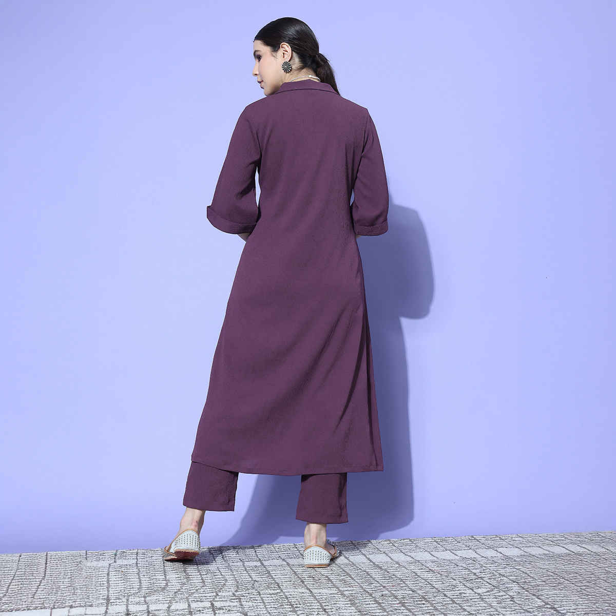 Varanga Women's Mauve Shirt Collar Neck A-Line Kurta Paired with Tonal Bottom | Mauve - M
