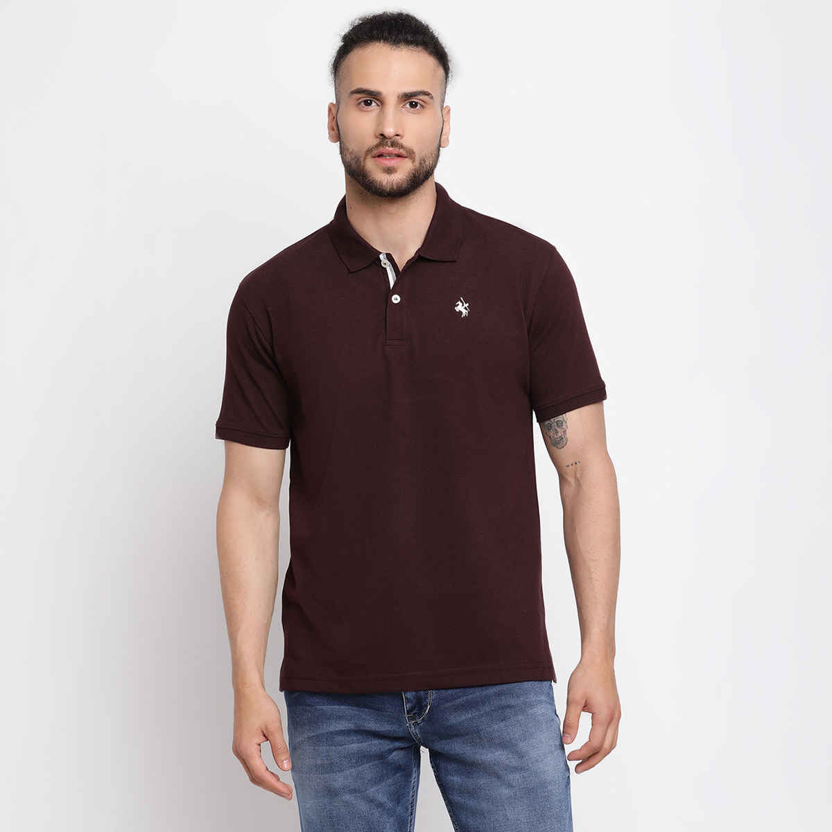 Cantabil Men's Solid Polo Neck Casual T-shirt | Wine - L