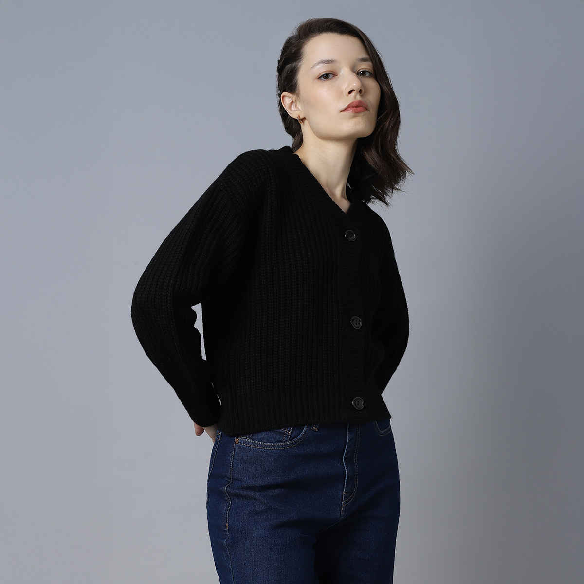 High Star Women's Ribbed Acrylic Cardigan | Black - L