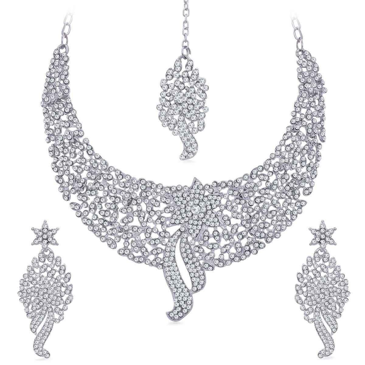 Sukkhi Glimmery Rhodium Plated Austrian Diamond Choker Necklace Set For Women