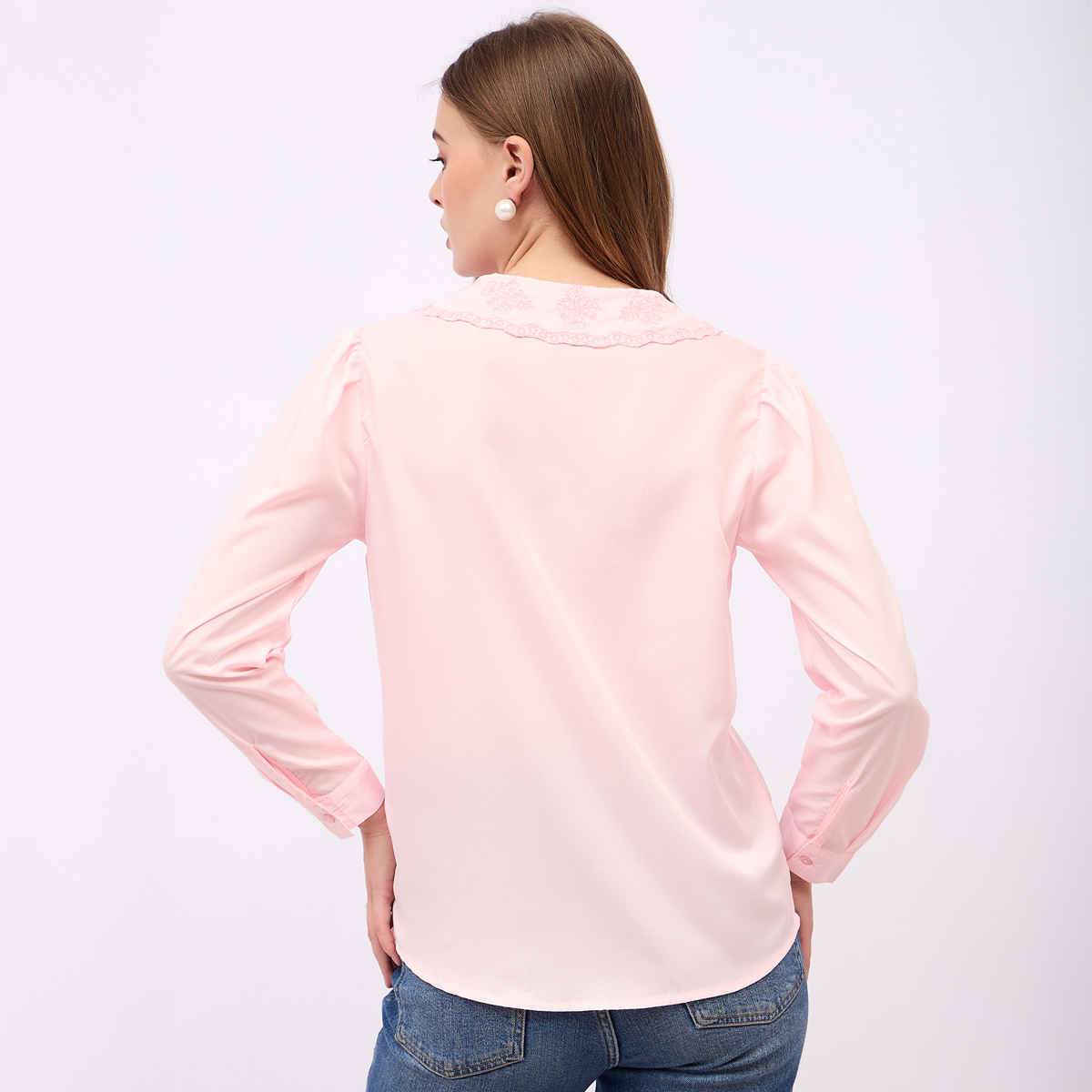 Styli Women's Casual Wear Self Design Slim Collar Long Sleeves Regular Fit Shirts | Pink - M