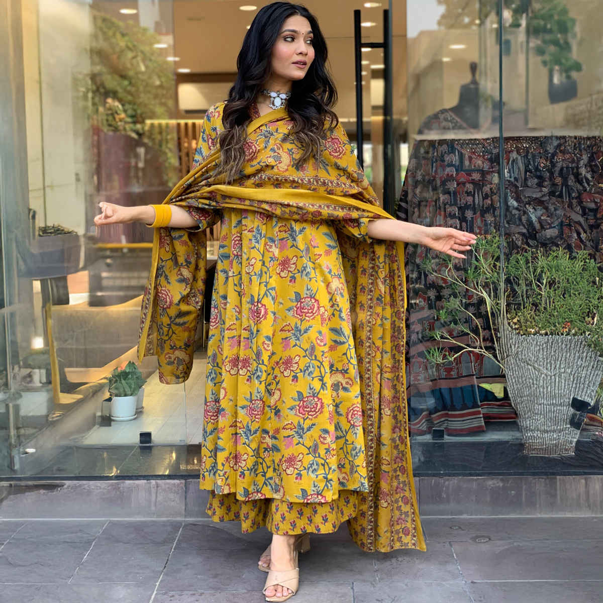 GoSriKi Women's Rayon Blend Anarkali Printed Kurta with Palazzo & Dupatta | CIA | Yellow - M