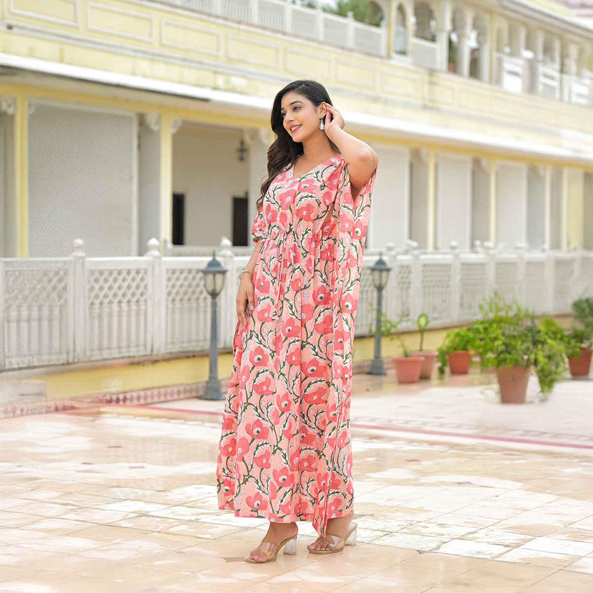Divena Women's Floral Cotton Kaftan Dress | DK2227 | Pink - S