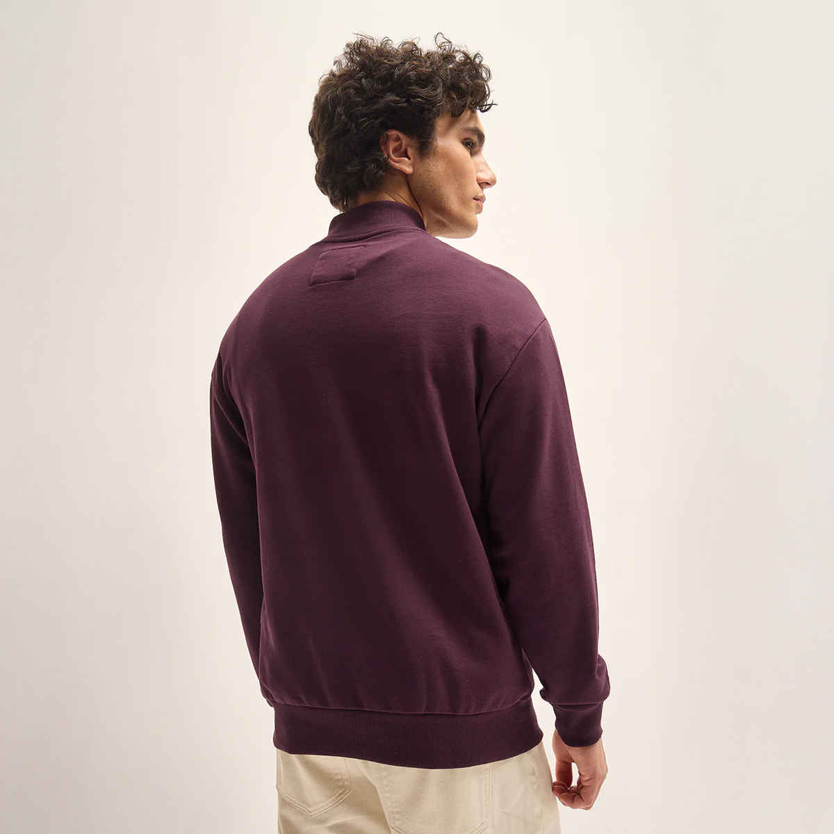 The Bear House Men's Solid Relaxed Fit High Neck Sweatshirt | Plum - M