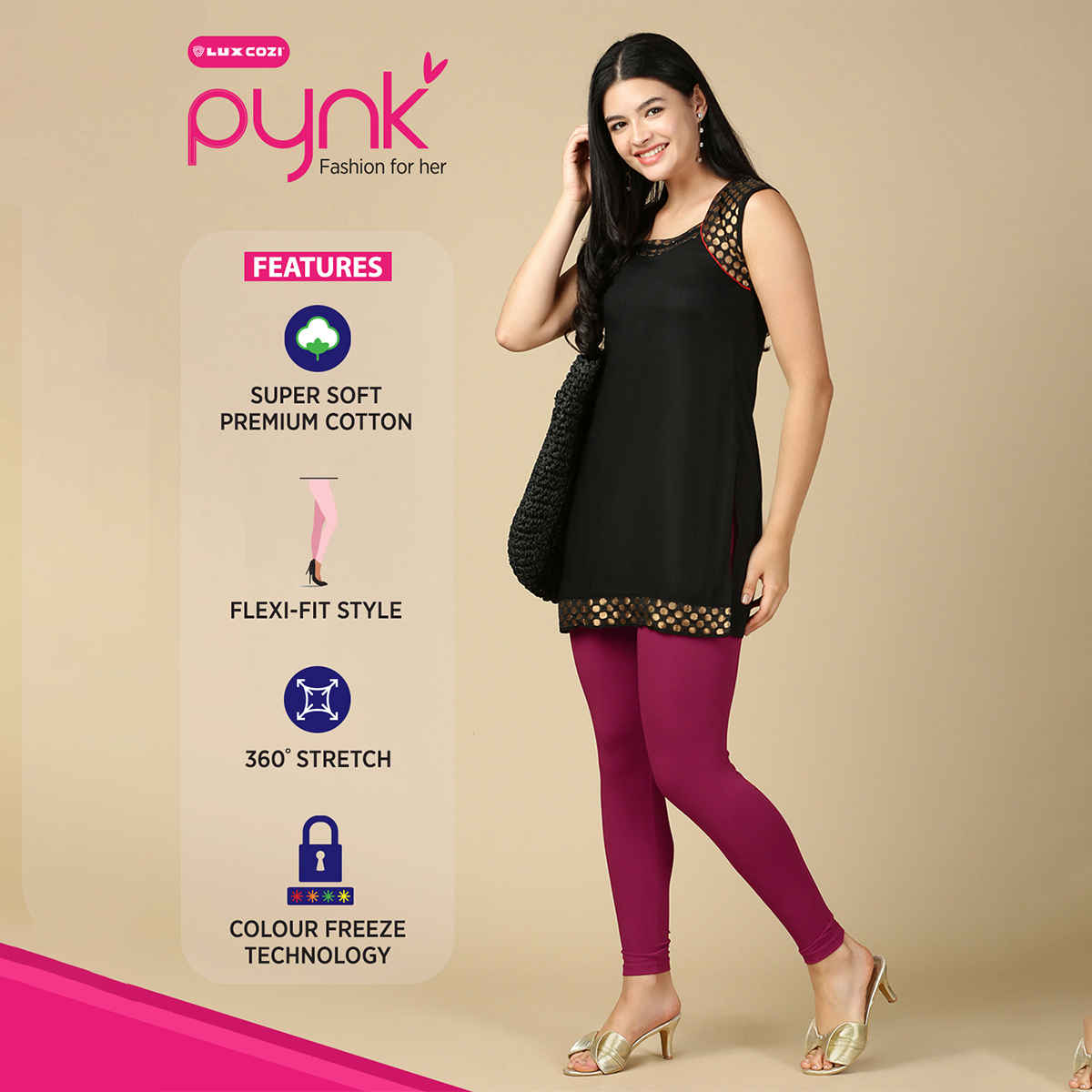 PYNK By Lux Cozi Flexi-Fit 360 Stretch Ankle Length Premium Cotton Leggings | Falsa|Free Size