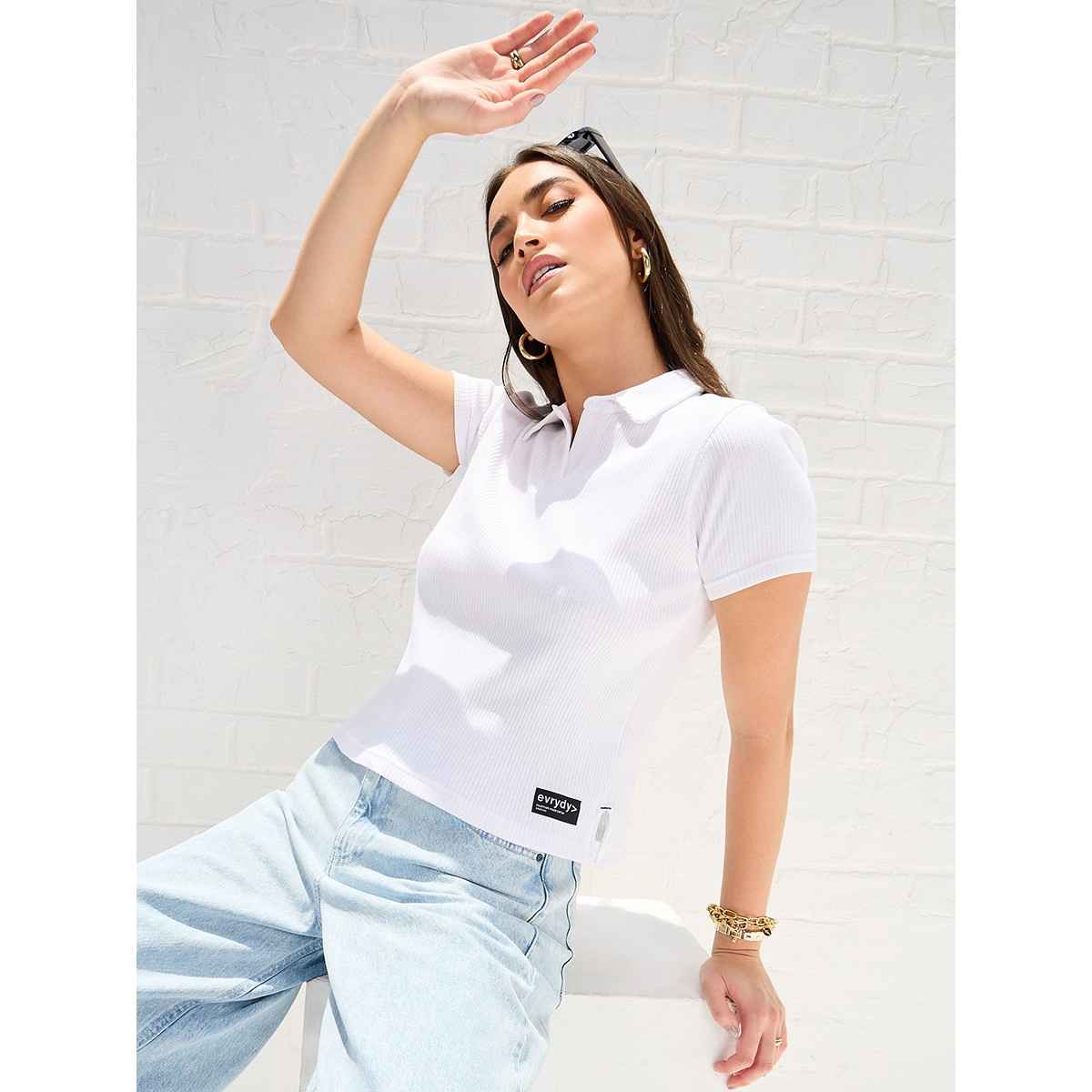 Styli Women's Ribbed Polo Crop T-shirt with Side Slit | White - XXL