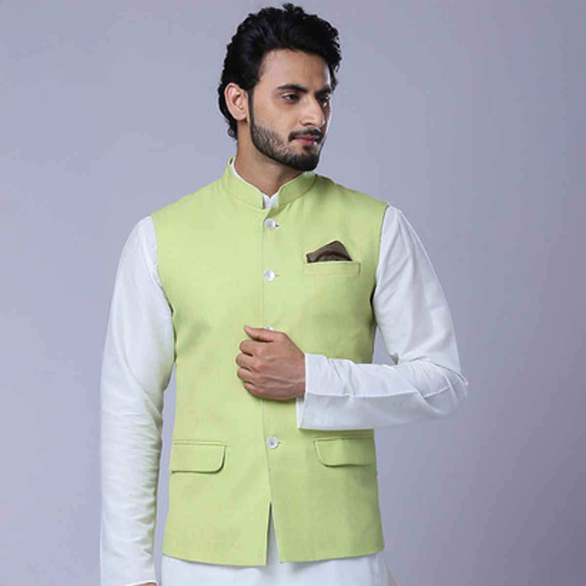 Ethnix by Raymond Men's Regular Fit Pure Polyester Solid Stand Collar Bundi | Light Green - L