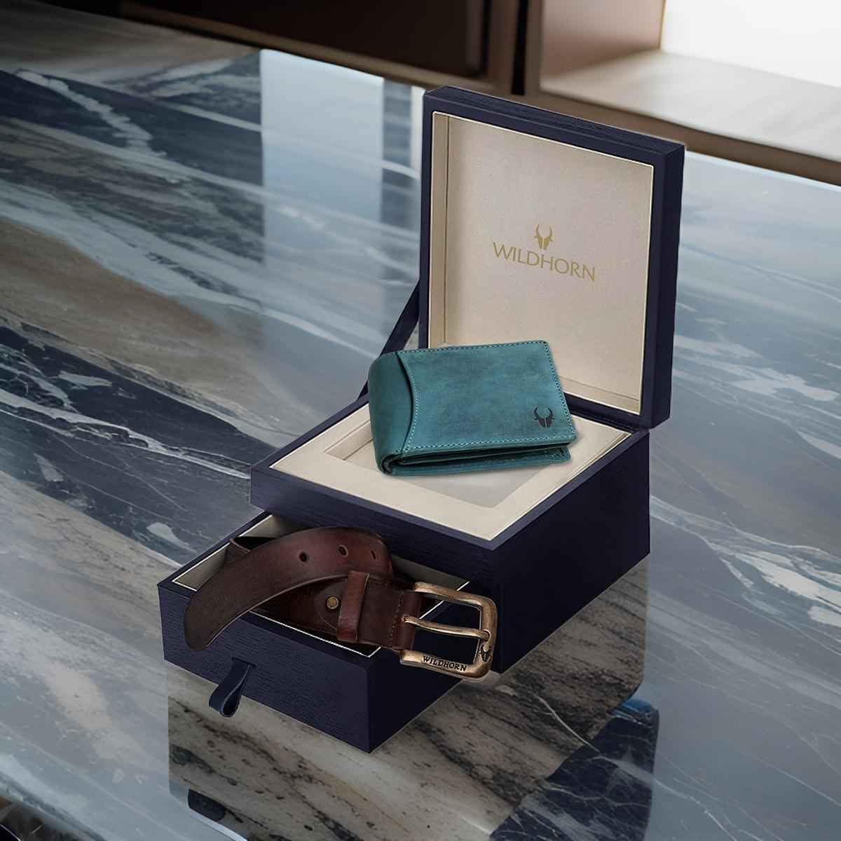 Wildhorn Men's Solid Genuine Leather Wallet and Belt Combo | Blue - Free Size