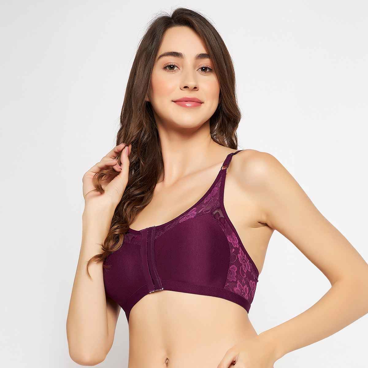 Clovia Women Non-Padded Non-Wired Spacer Cup Front Open Figure Bra - Cotton Rich | Purple | 32D