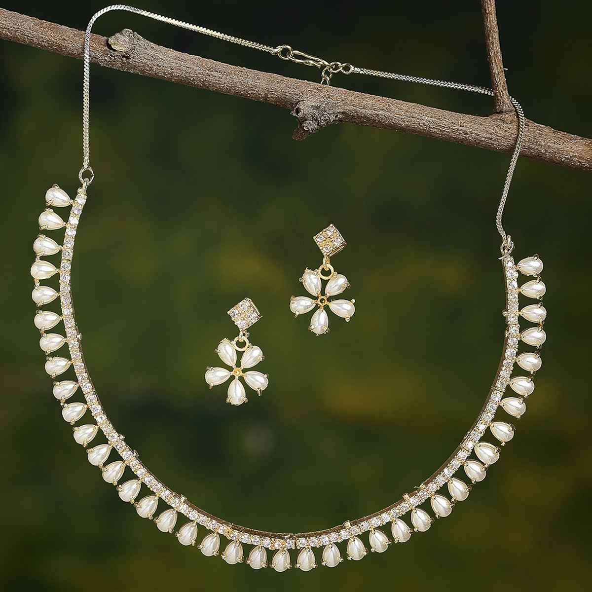 Zeneme White & Gold-Toned Gold-Plated AD-Studded Jewelry Set For Women & Girls