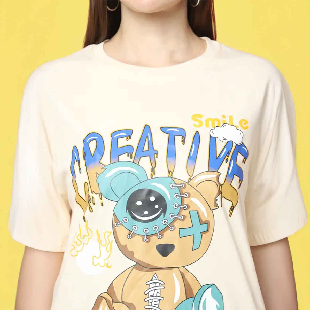 Fabflee Women Oversize Cotton Printed Round Neck Tshirt | Beige | FAB-OS-529 | XL