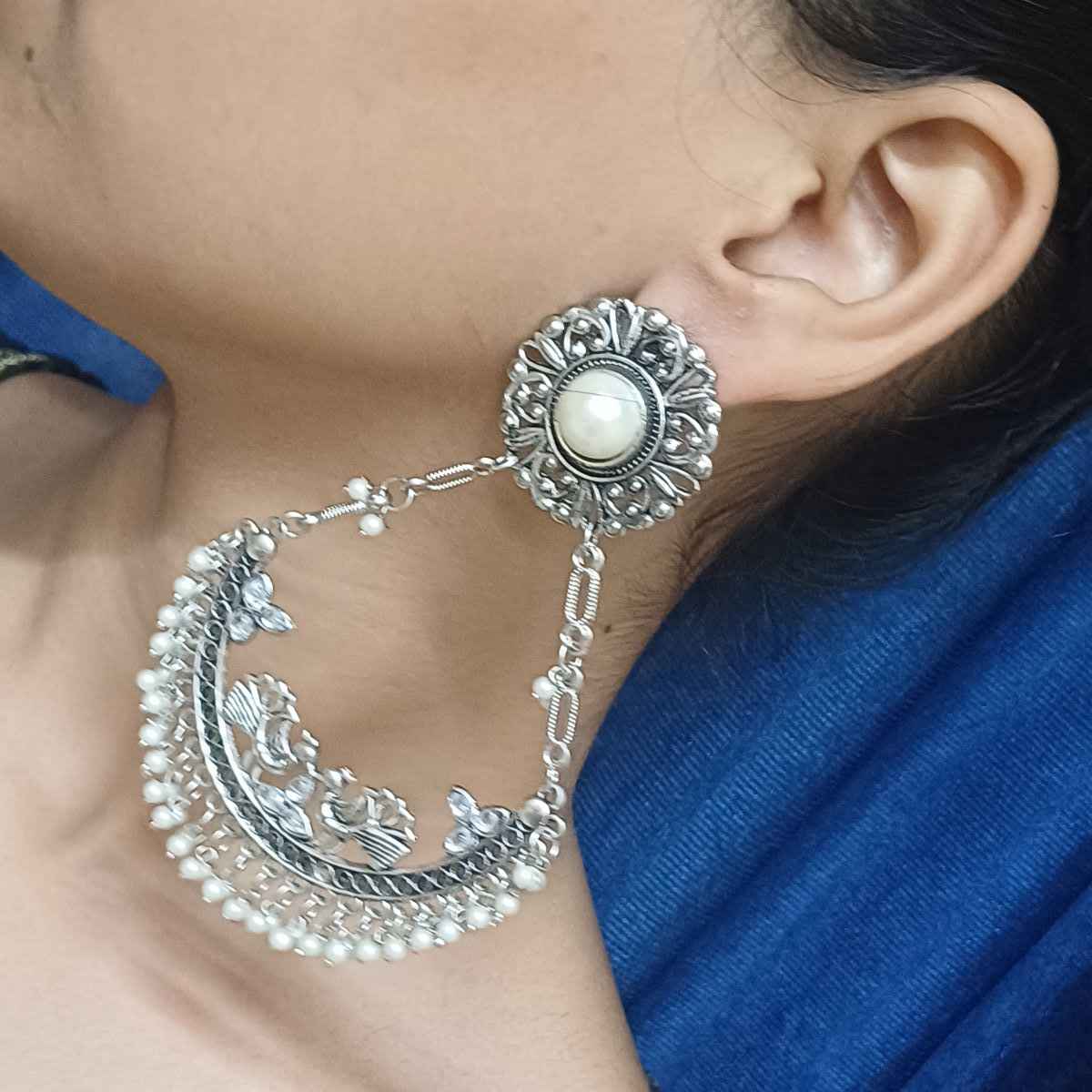 Oxidised Chandelier Earrings with Moti Work Long