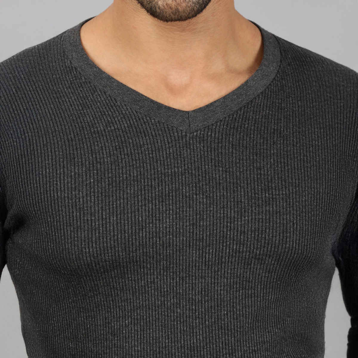 Lux Cozi Men's Heatek Thermal Comfort, Stretchable & Super Warm V-Neck Top | Black Melange-80