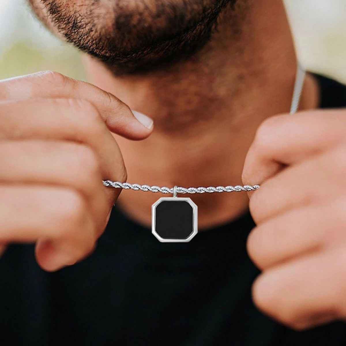 Fashion Frill Men Square Shaped Pendant Chain Silver Onesize