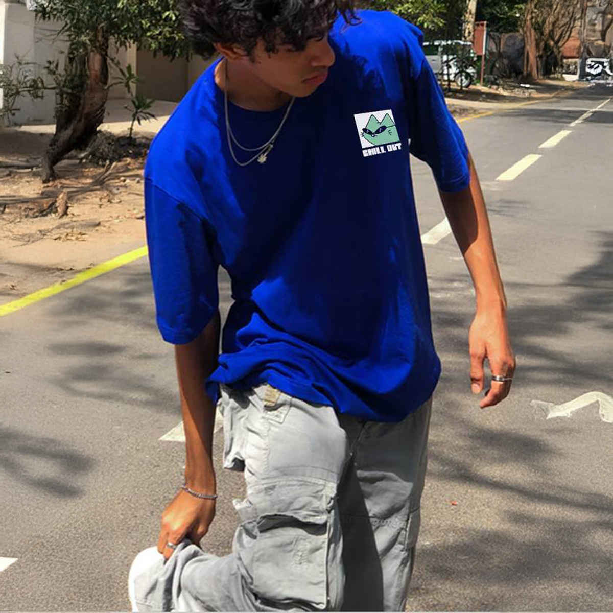 VEIRDO Men's Printed Oversized T-shirt | OS 100 CHLOUT RB | Royal Blue - XL