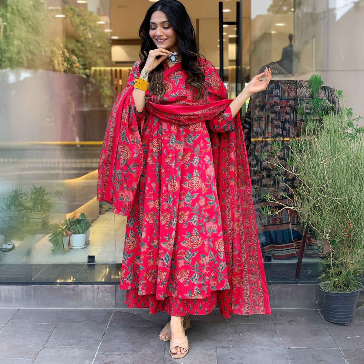 GoSriKi Women's Viscose Rayon Anarkali Printed Kurta with Pant & Dupatta | CIA | Pink - L