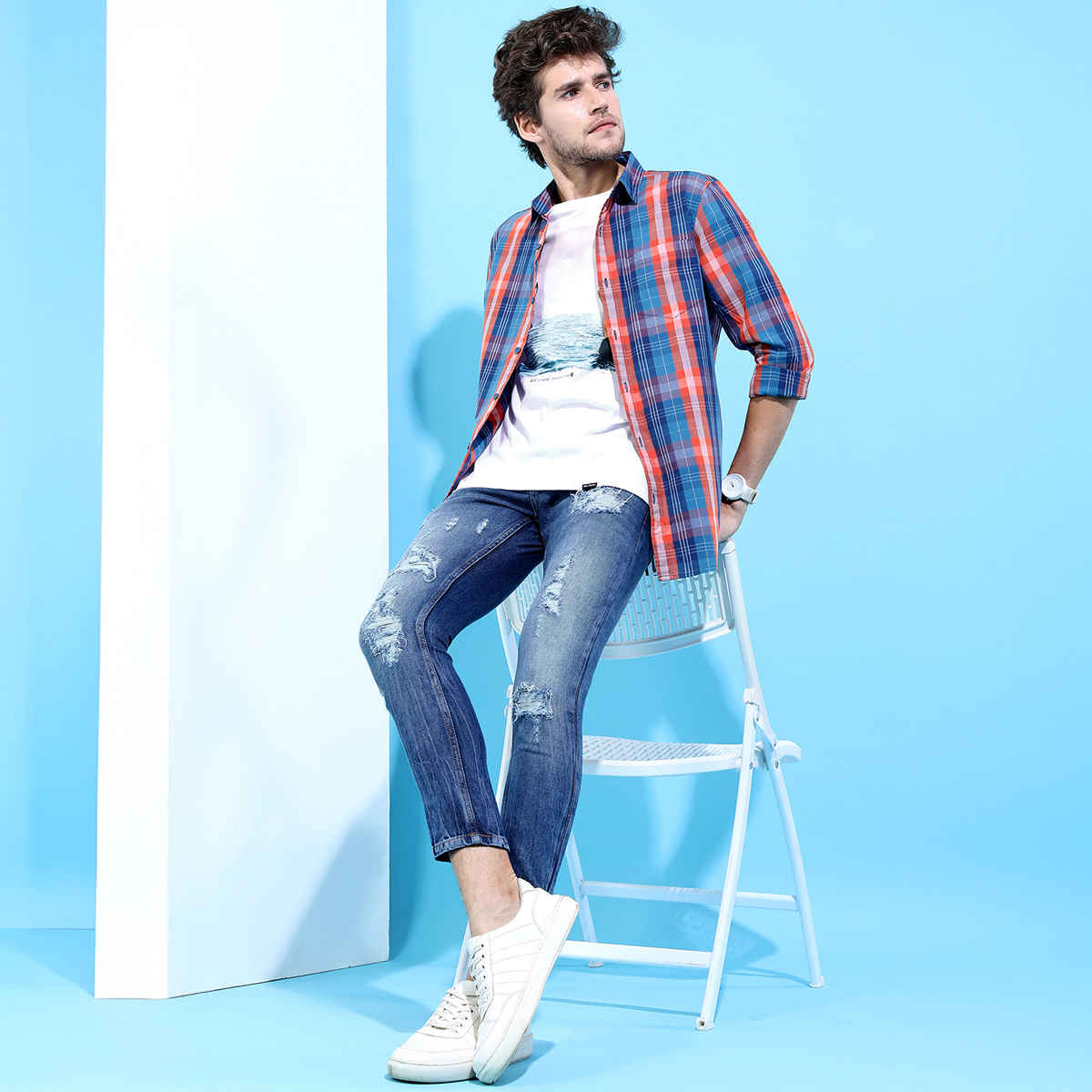 HIGHLANDER Men's Slim Fit Checked Casual Shirt | Blue and Orange - L