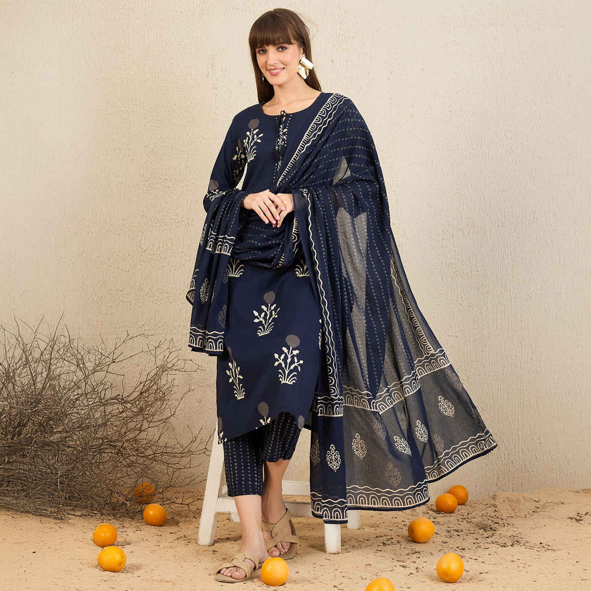 Indo Era Women's Printed Straight Kurta Pant with Dupatta Set | KH0NB6735 | Navy Blue - L